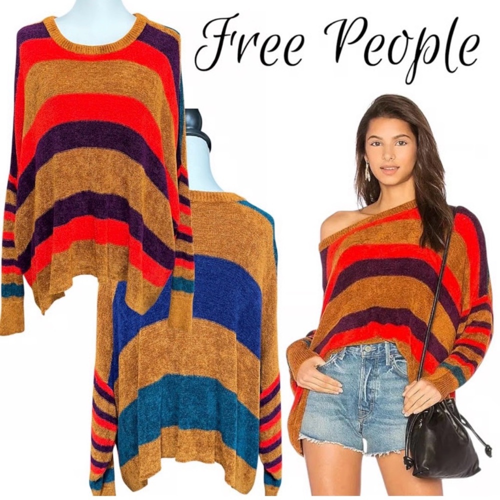 Free People Off-Shoulder Striped Sweater in Mustard, Red, Navy, Teal